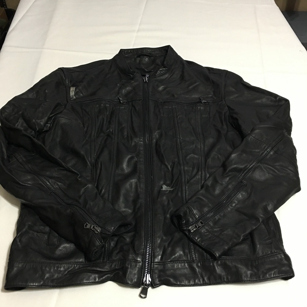 John Varvatos USA Sheep skin Leather Jacket Mens Medium Black Cafe Racer Moto